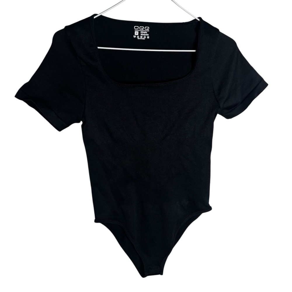 Black thick nylon square neckline short sleeve  snap crotch bodysuit